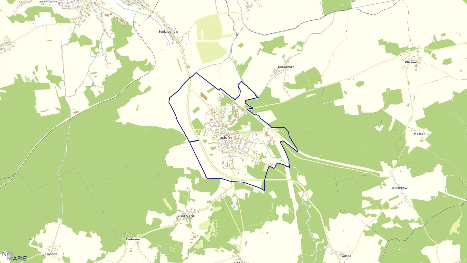 Mapa obrębu 1 w gminie Jasień