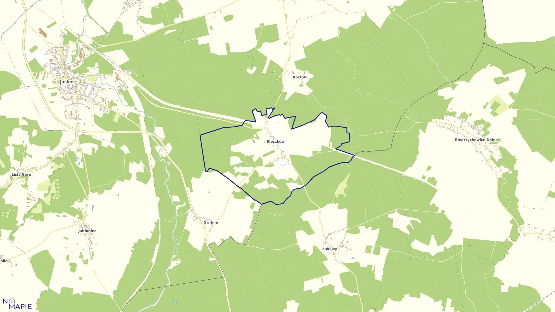 Mapa obrębu Bieszków w gminie Jasień