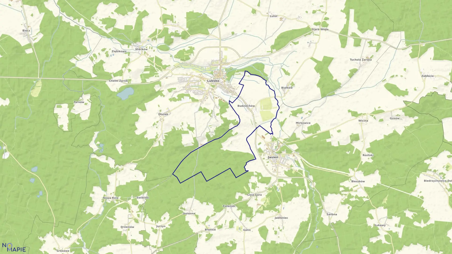 Mapa obrębu Budziechów w gminie Jasień