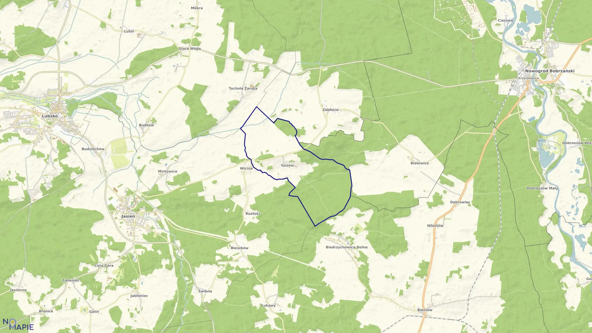 Mapa obrębu Guzów w gminie Jasień