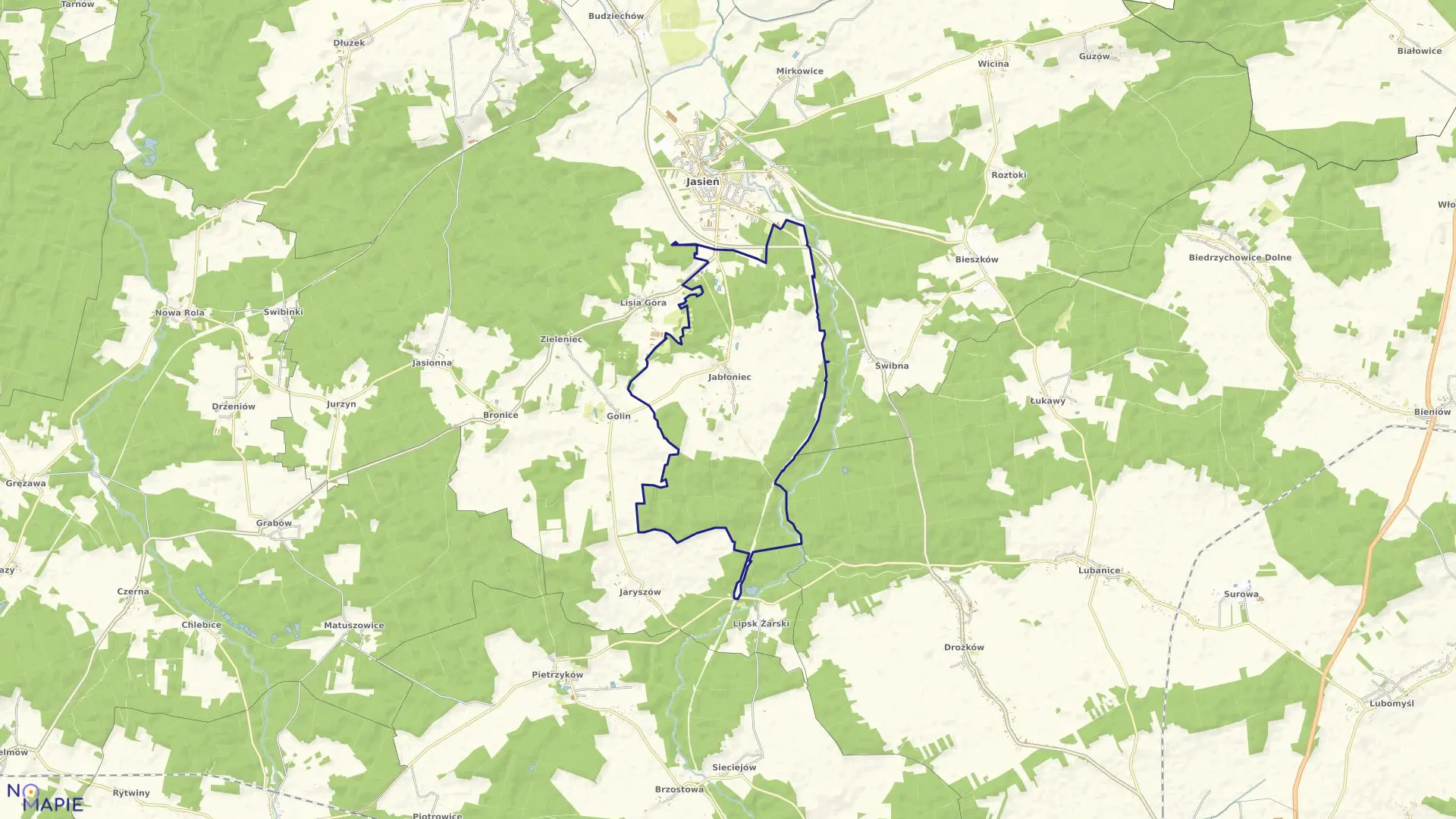 Mapa obrębu Jabłoniec w gminie Jasień