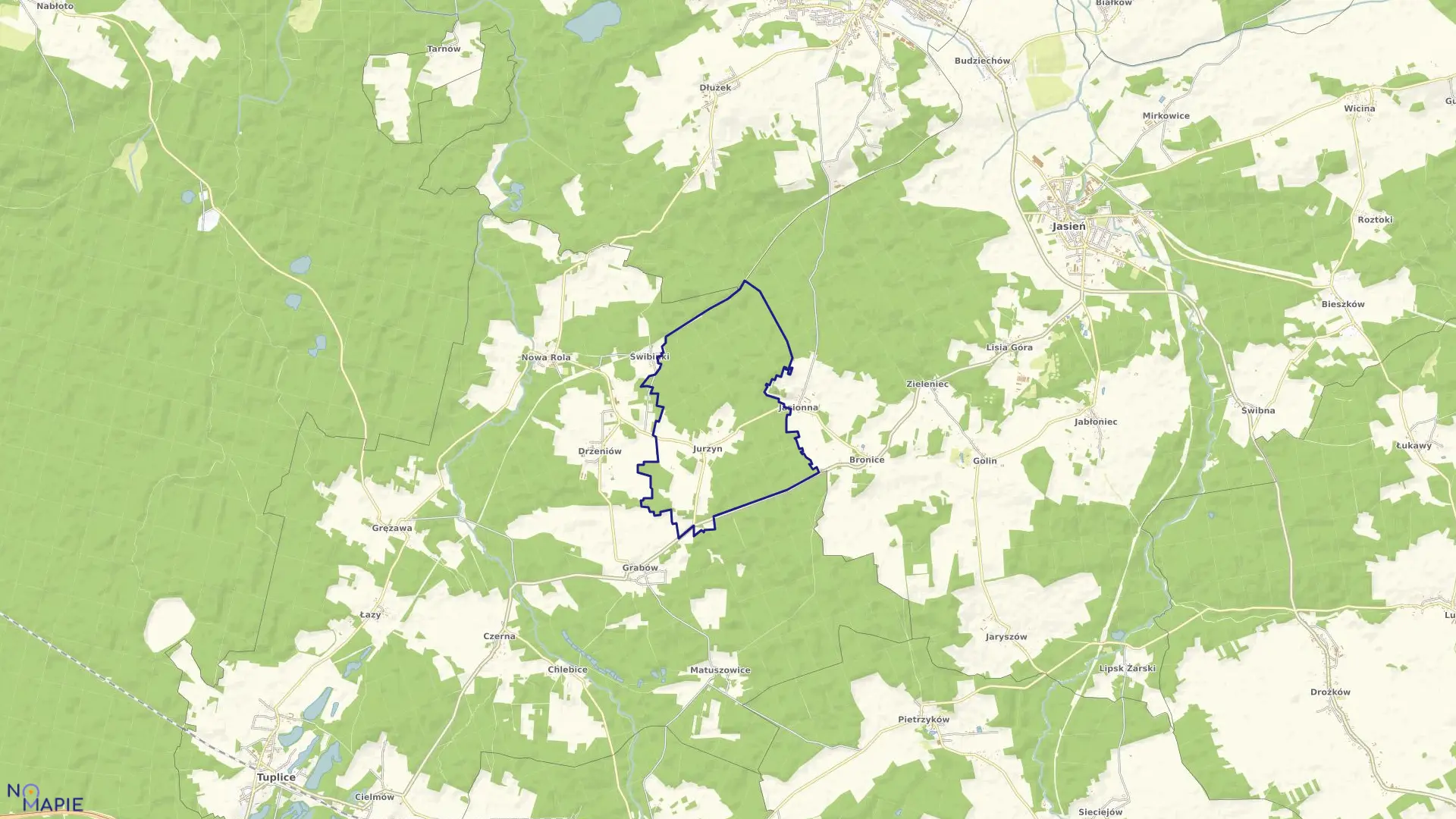 Mapa obrębu Jurzyn w gminie Jasień