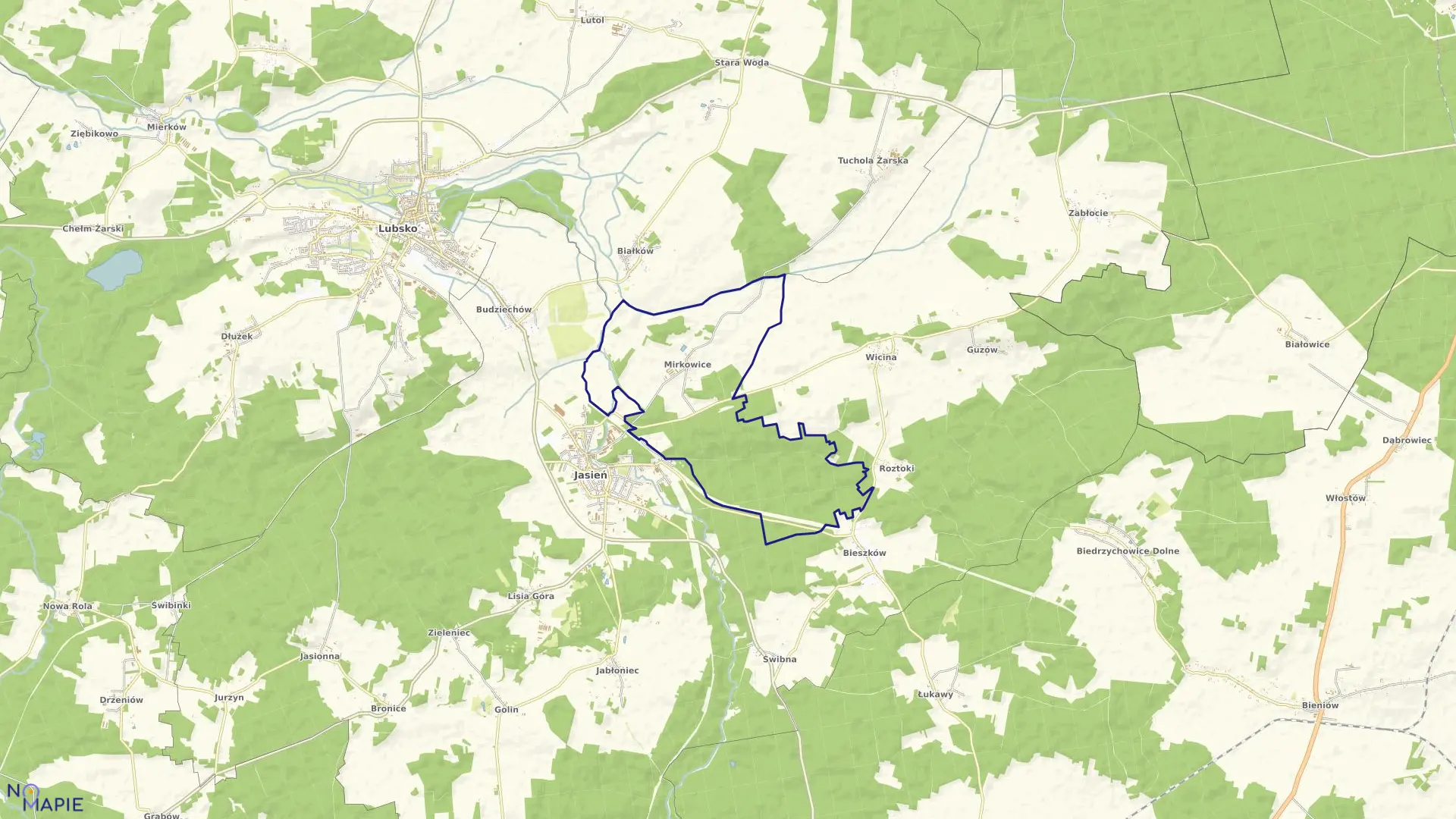 Mapa obrębu Mirkowice w gminie Jasień