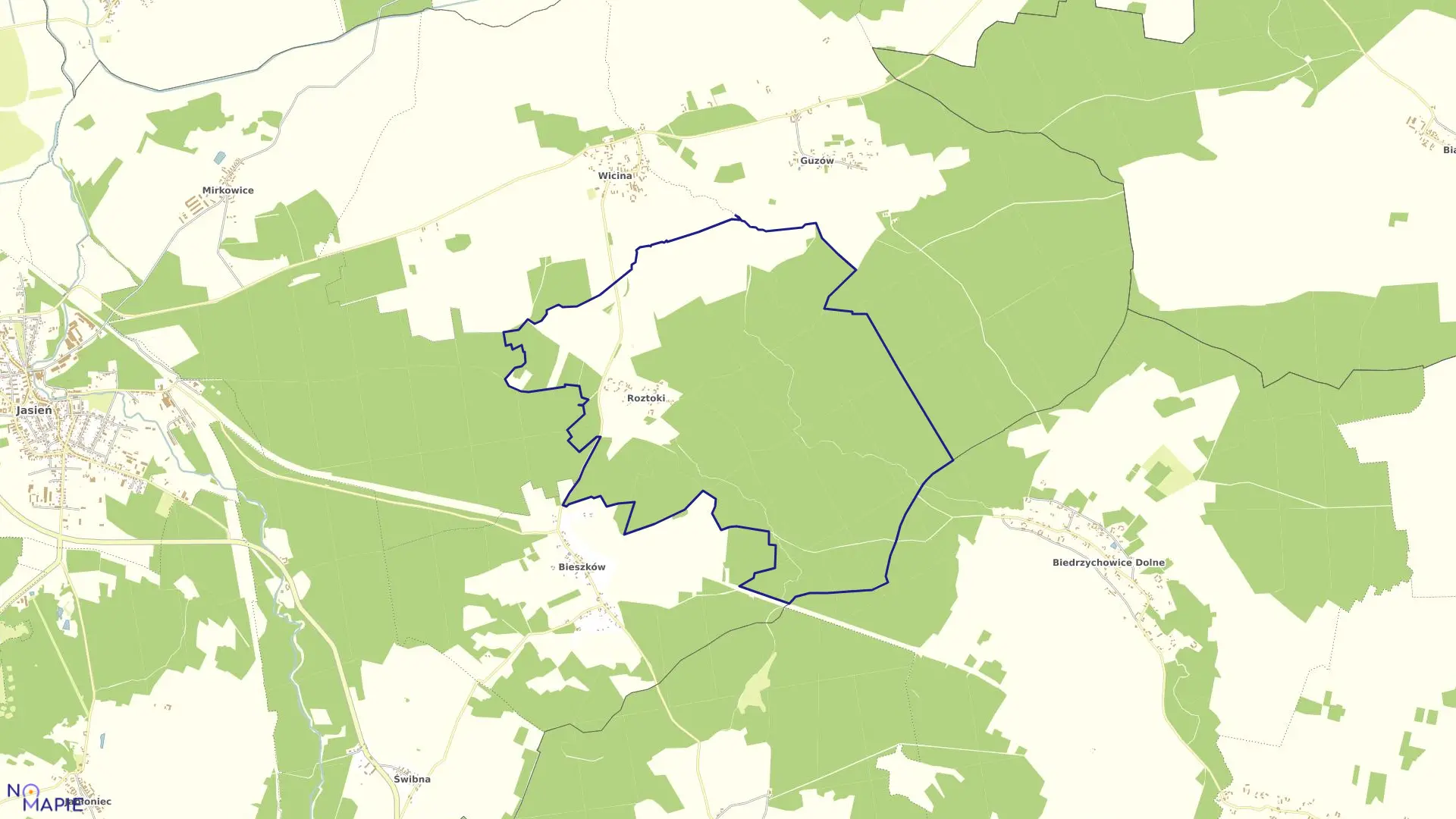 Mapa obrębu Roztoki w gminie Jasień